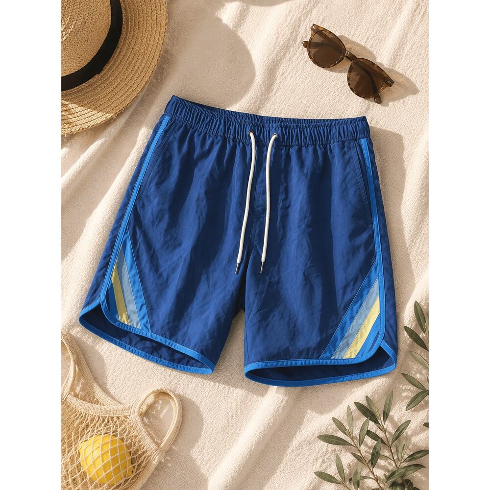FAIR HARBOR Men's Lined 8" Swim Board Shorts Blue Anchor Retro Stripe Size L